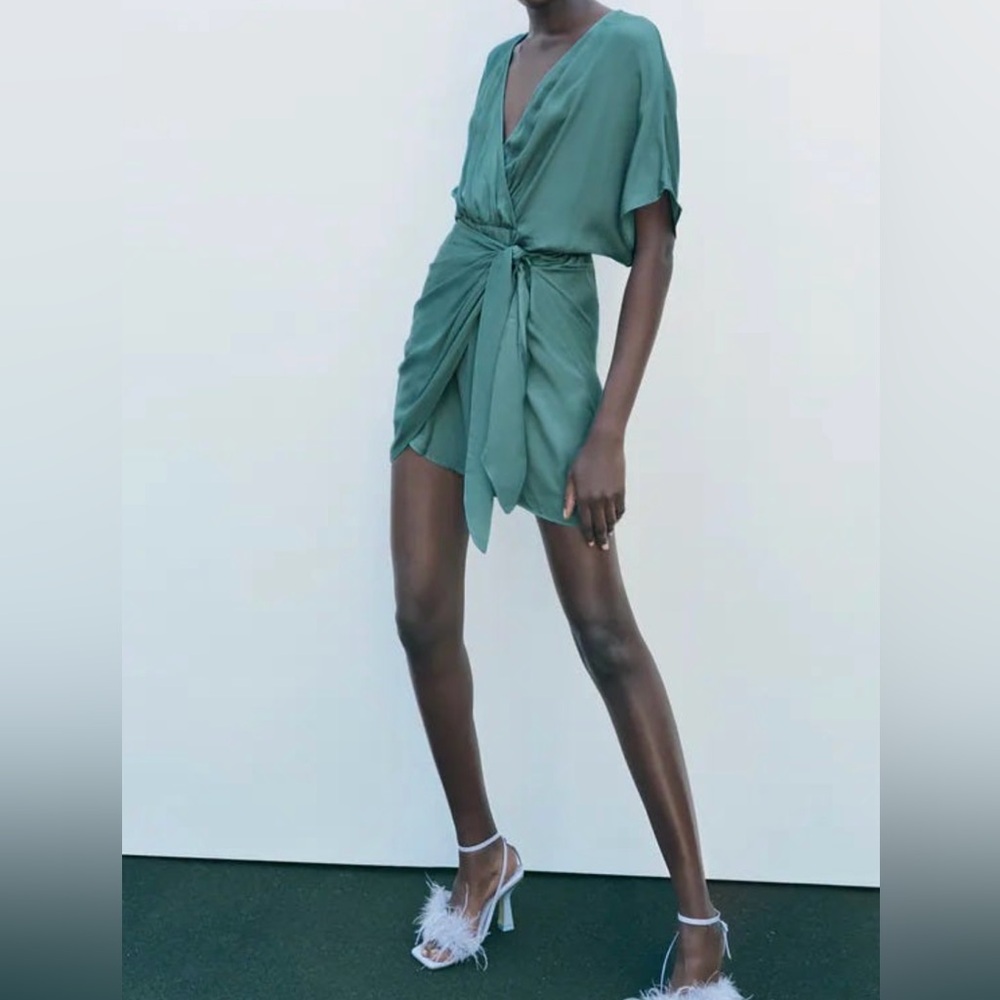 Zara Satin Effect Wrap Dress; Green Satin; size XS